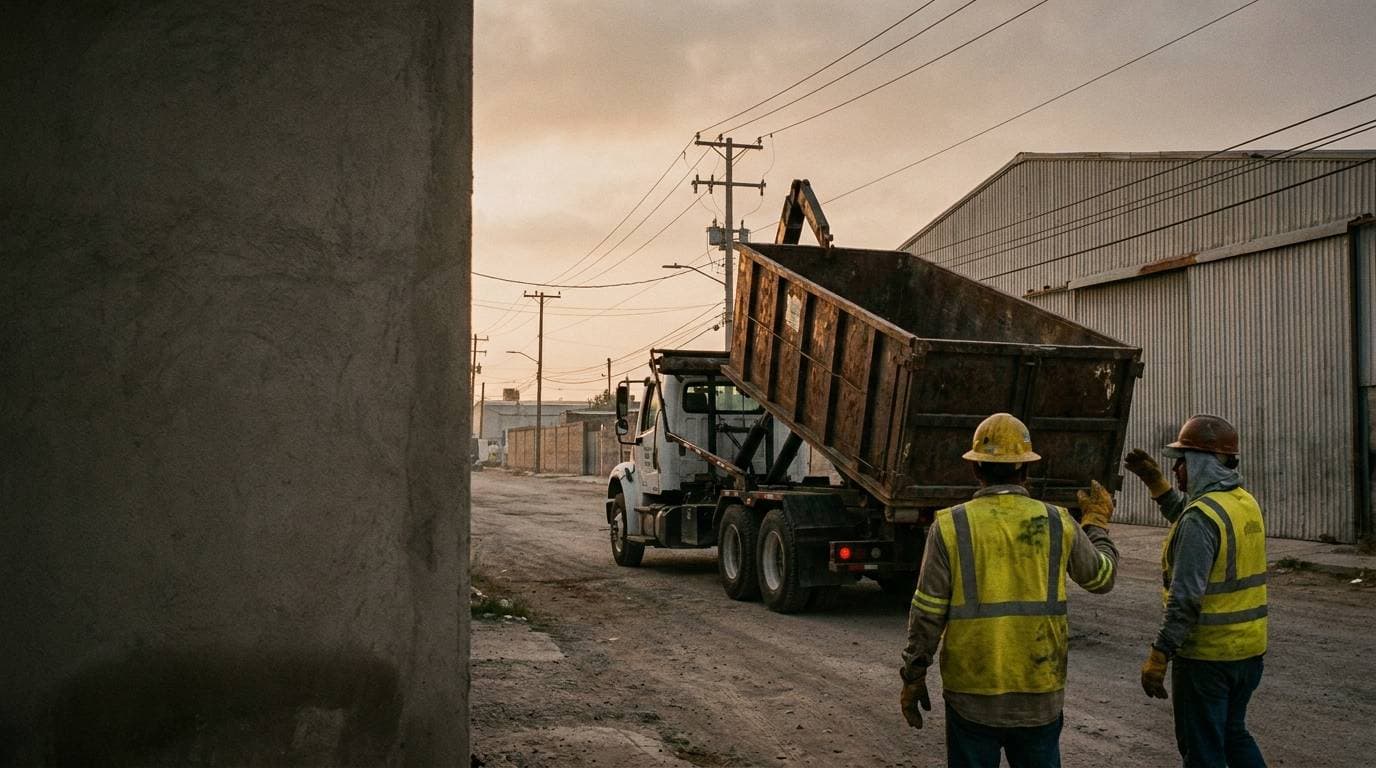 Dos operadores de Morcast junto a un camión roll off en una calle industrial de Matamoros